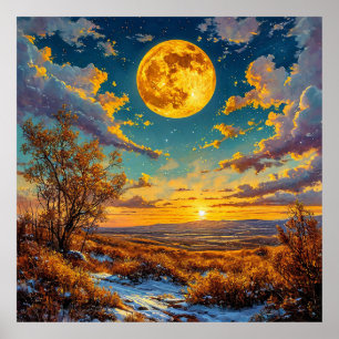 🌕 Goldener Mond Sonnenuntergang Wiese Baum Natur Poster