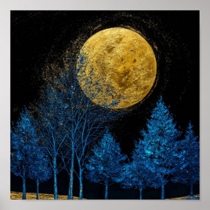 Goldener Mond steigt über dem blauen Wald auf Poster
