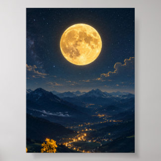 Goldener Mond über nächtlicher Bergtal-Landschaft Poster