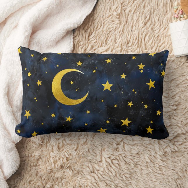 Goldener Mond und Sterne auf dunkelblauem Marmor Lendenkissen (Decke)