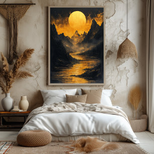 Goldener mondbeschienener Fluss in monochromem Gol Poster