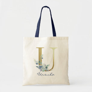 Goldener Monogramm Buchstabe U Blau Name Floraldek Tragetasche