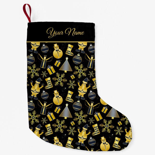 Goldener Name Santa Snowman Geschenk Muster Schwar Kleiner Weihnachtsstrumpf (Vorderseite)