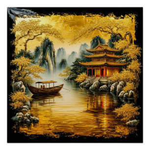 Goldener Orientalischer See mit einer Pagode Poster