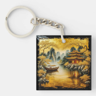 Goldener Orientalischer See mit einer Pagode Schlüsselanhänger