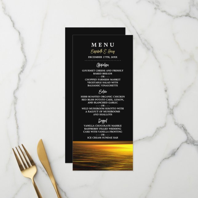 Goldener Ozean, elegante Hochzeit am Strand Menükarte (Vorderseite/Rückseite Beispiel)
