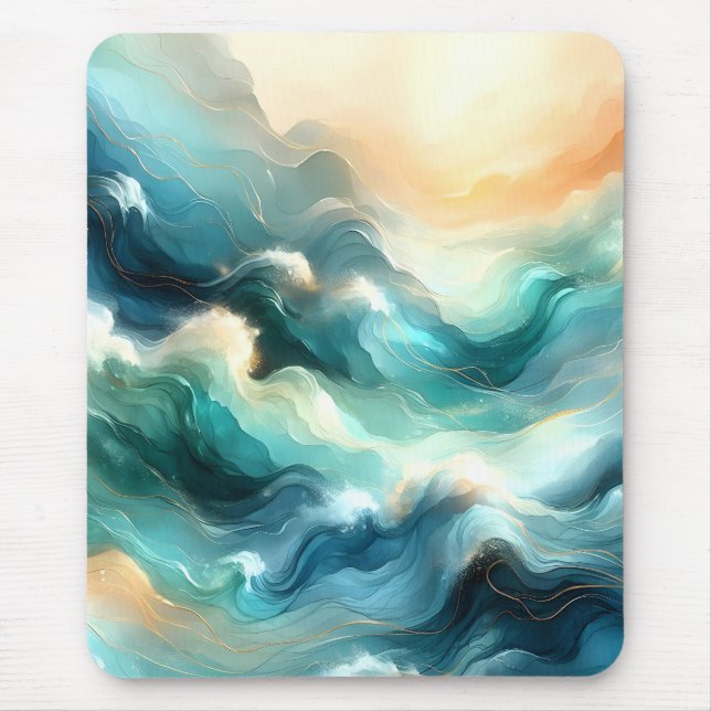 Goldener Ozean Fluss Abstrakte Wellen Mousepad (Vorne)