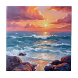 Goldener Ozean Sonnenuntergang | Wasserfarbe Küste Fliese