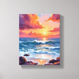 Goldener Ozean-Sonnenuntergang | Wasserfarbe Küste Leinwanddruck