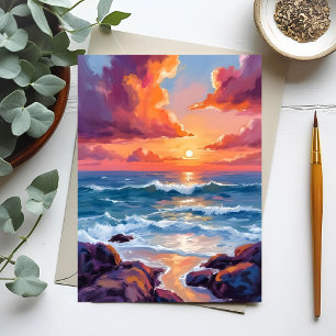 Goldener Ozean-Sonnenuntergang   Wasserfarbe Küste Postkarte