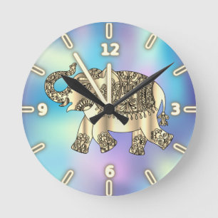 Goldener Paisley-Blumen-Elefant,Blau Holografisch Runde Wanduhr