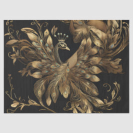 Goldener Pfau mit blauen Federn auf schwarz Seidenpapier