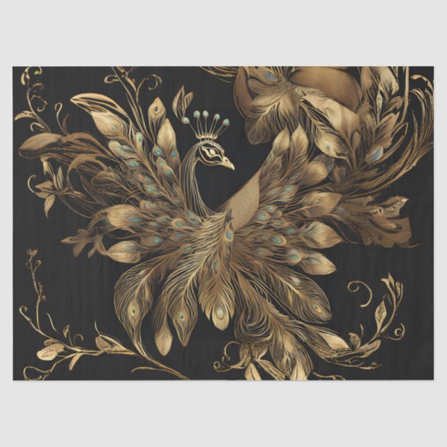 Goldener Pfau mit blauen Federn auf schwarz Seidenpapier (Vorderseite)
