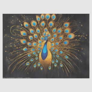 Goldener Pfau mit blauen Federn auf schwarz Seidenpapier