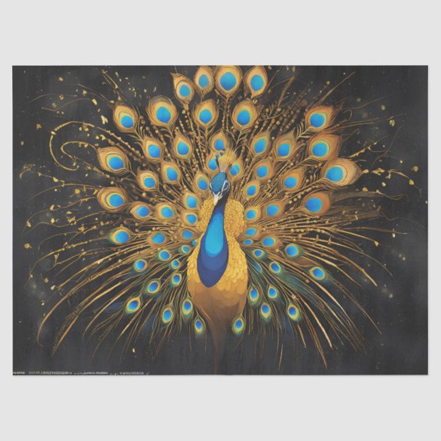 Goldener Pfau mit blauen Federn auf schwarz Seidenpapier (Vorderseite)