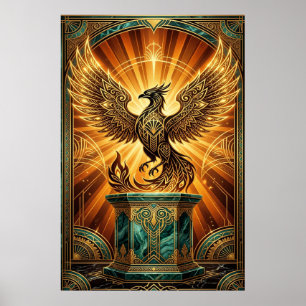Goldener Phönix Aufsteigende Art Deco Illustration Poster
