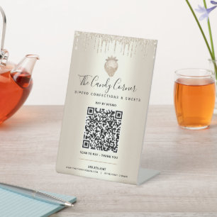 Goldener QR-Code Bezahlen Sie hier Erdbeere Glitte Sockelschild