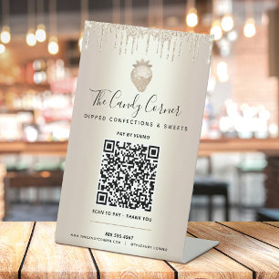 Goldener QR-Code Bezahlen Sie hier Erdbeere Glitte Sockelschild