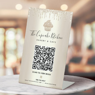 Goldener QR-Code-Scan-Menü-Cupcake-Glitter-Bäckere Sockelschild