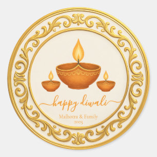 Goldener Rahmen Diwali Diya mit dekorativer Lampe Runder Aufkleber