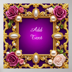 Goldener Rahmen mit eleganten Rose und Perlen Poster