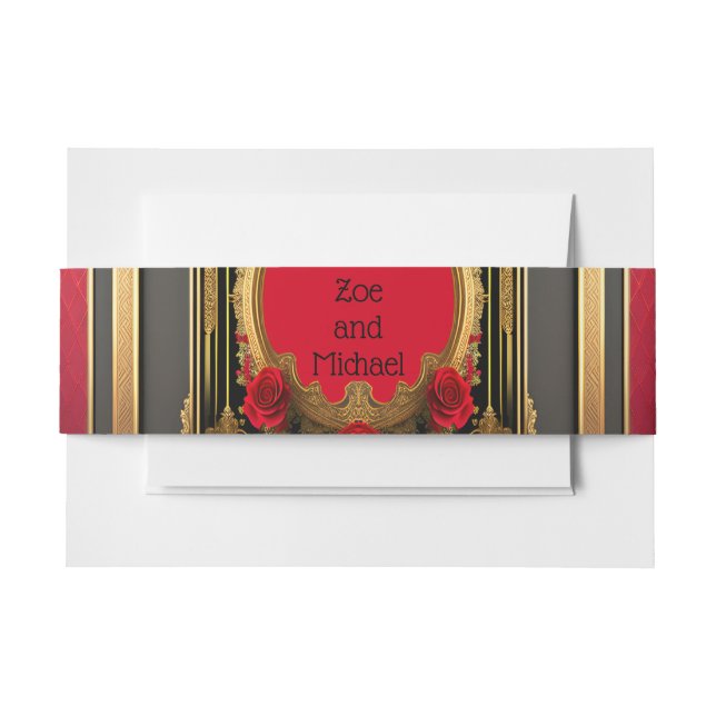Goldener Rahmen mit rote Rosen, gotische Hochzeit Einladungsbanderole (Vorderseite Beispiel)