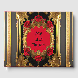 Goldener Rahmen mit rote Rosen, gotische Hochzeit  Gästebuch