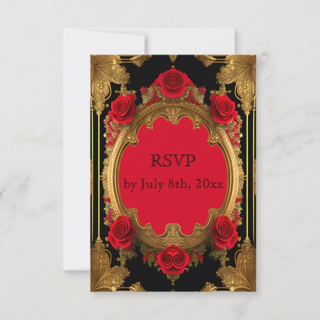 Goldener Rahmen mit rote Rosen, gotische Hochzeit RSVP Karte (Vorderseite)