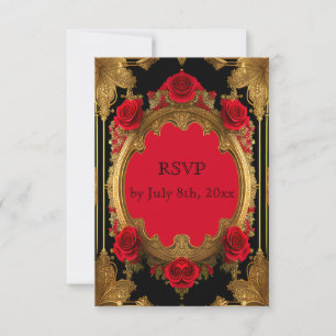 Goldener Rahmen mit rote Rosen, gotische Hochzeit RSVP Karte