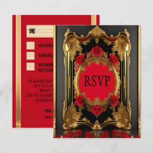 Goldener Rahmen mit rote Rosen, gotische Hochzeit RSVP Karte