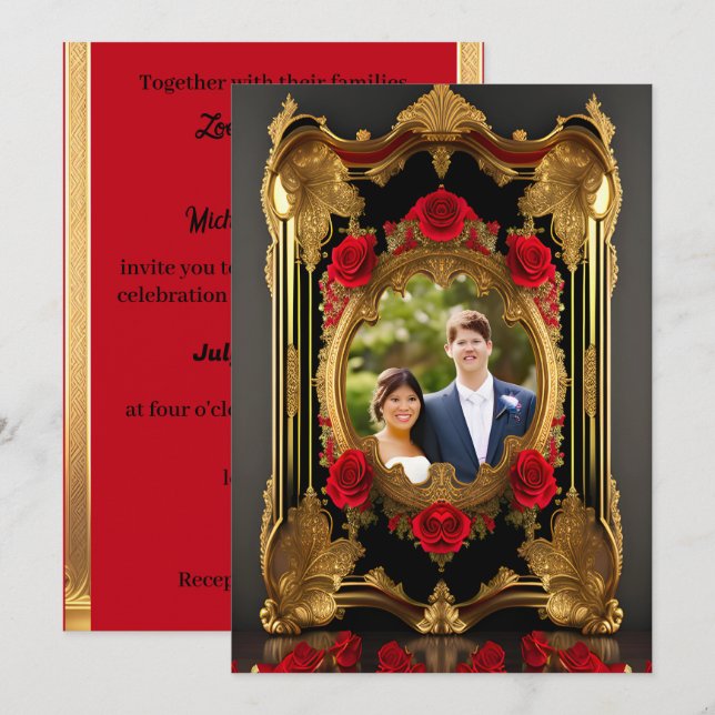 Goldener Rahmen mit rote Rosen, gotisches Foto Einladung (Vorne/Hinten)