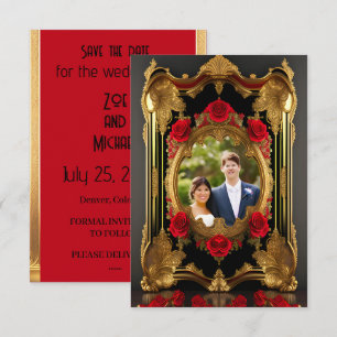Goldener Rahmen mit rote Rosen, gotisches Foto Save The Date