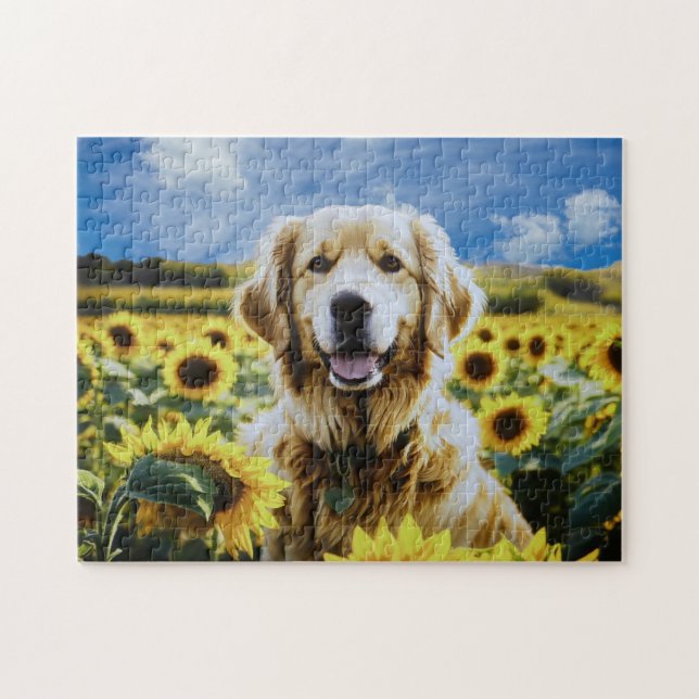 Goldener Retriever auf dem Sonnenblumenfeld (Horizontal)