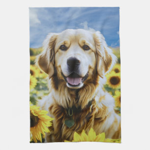Goldener Retriever auf dem Sonnenblumenfeld Geschirrtuch