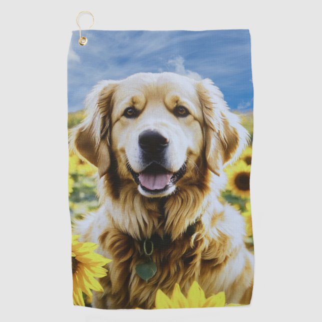 Goldener Retriever auf dem Sonnenblumenfeld Golfhandtuch (Vorderseite)