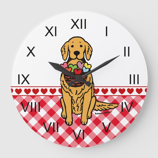 Goldener Retriever-Cartoon-Herzen Große Wanduhr (Vorderseite)