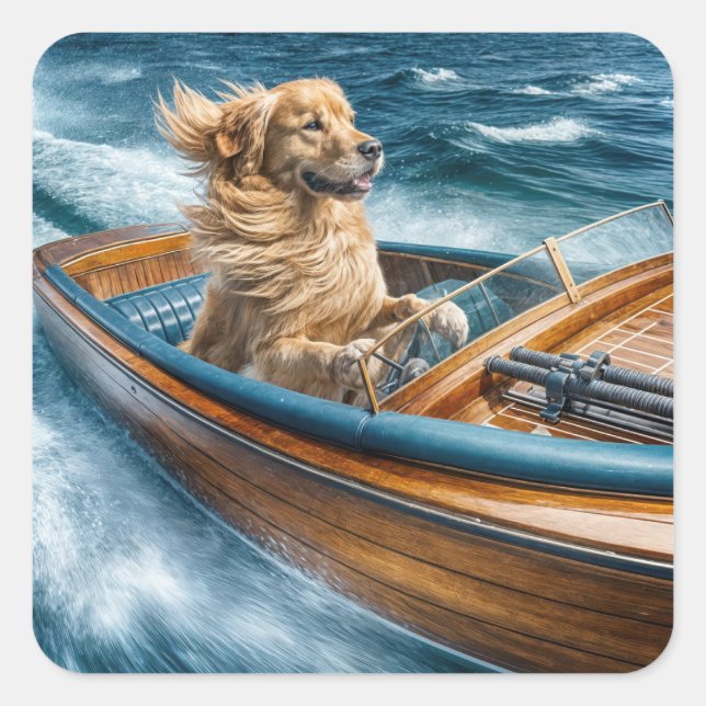 Goldener Retriever Fahren mit einem Holzboot Quadratischer Aufkleber (Vorderseite)