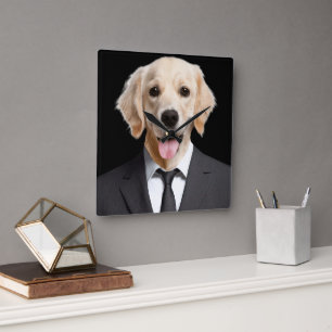 Goldener Retriever im Anzug Quadratische Wanduhr