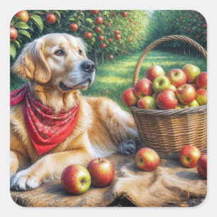 Goldener Retriever im Apfelgarten Quadratischer Aufkleber