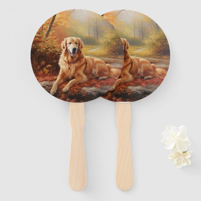 Goldener Retriever im Herbst Leaves Inspiriert Fächer (Vorne und Hinten)