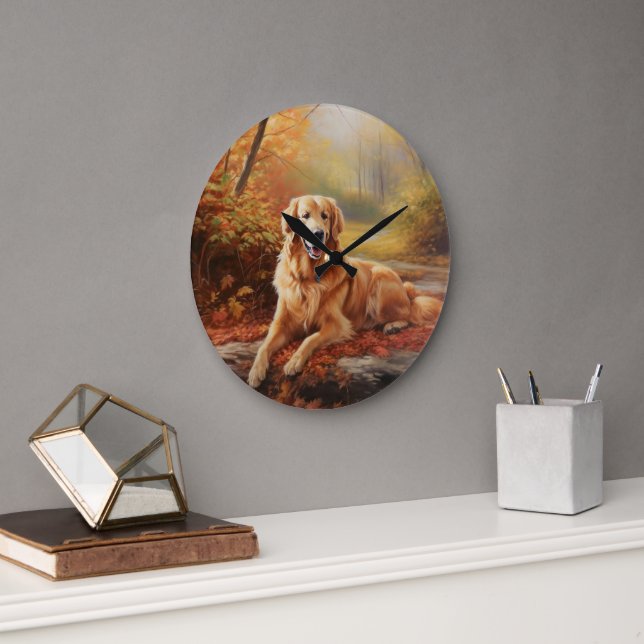 Goldener Retriever im Herbst Leaves Inspiriert Große Wanduhr (Büro)