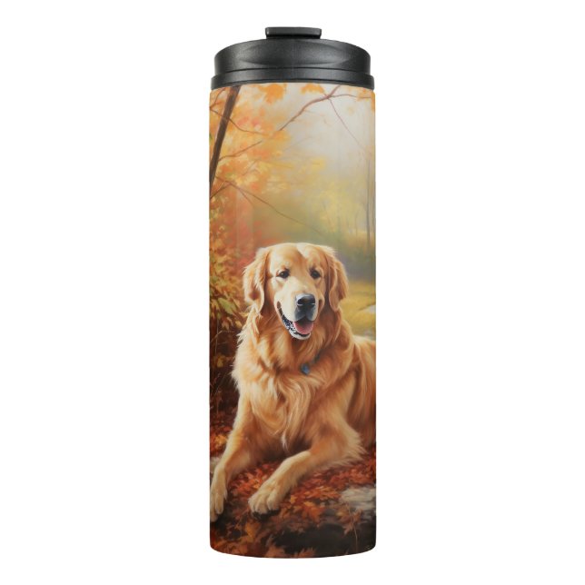 Goldener Retriever im Herbst Leaves Inspiriert Thermosbecher (Vorderseite)