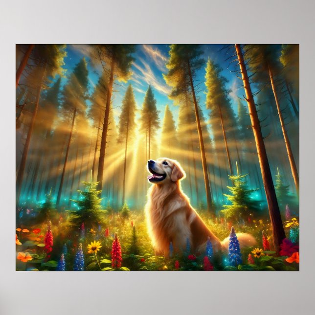 Goldener Retriever im verzauberten Wald Poster (Vorne)
