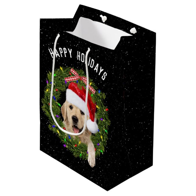 Goldener Retriever im Weihnachtskranz Mittlere Geschenktüte (Vorderseite Schrägansicht)