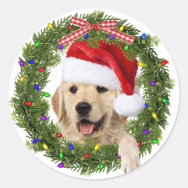 Goldener Retriever im Weihnachtskranz Runder Aufkleber (Vorderseite)