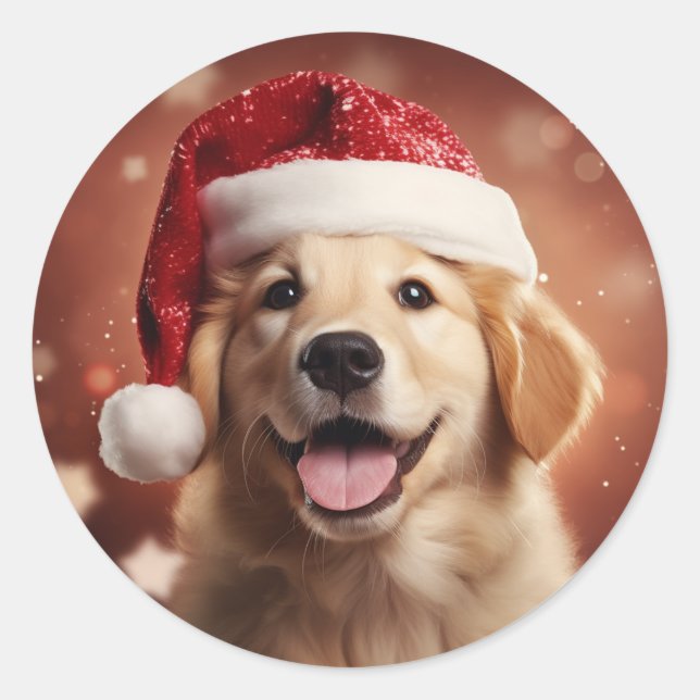 Goldener Retriever in der Weihnachtsmannmütze Runder Aufkleber (Vorderseite)