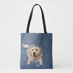 Goldener Retriever in gebräuntem blauem Denim-Loch Tasche