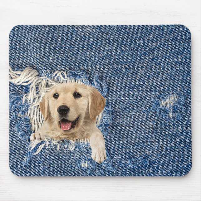 Goldener Retriever in gebrechtem Denim-Loch Mousepad (Vorne)
