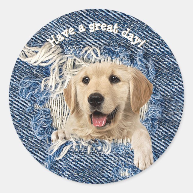 Goldener Retriever in gebrechtem Denim-Loch Runder Aufkleber (Vorderseite)