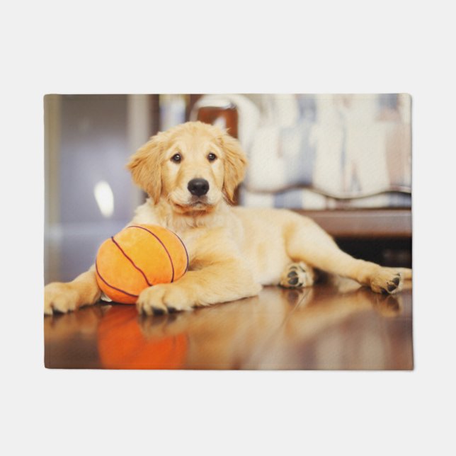 Goldener Retriever mit Basketballspielzeug Fußmatte (Vorderseite)